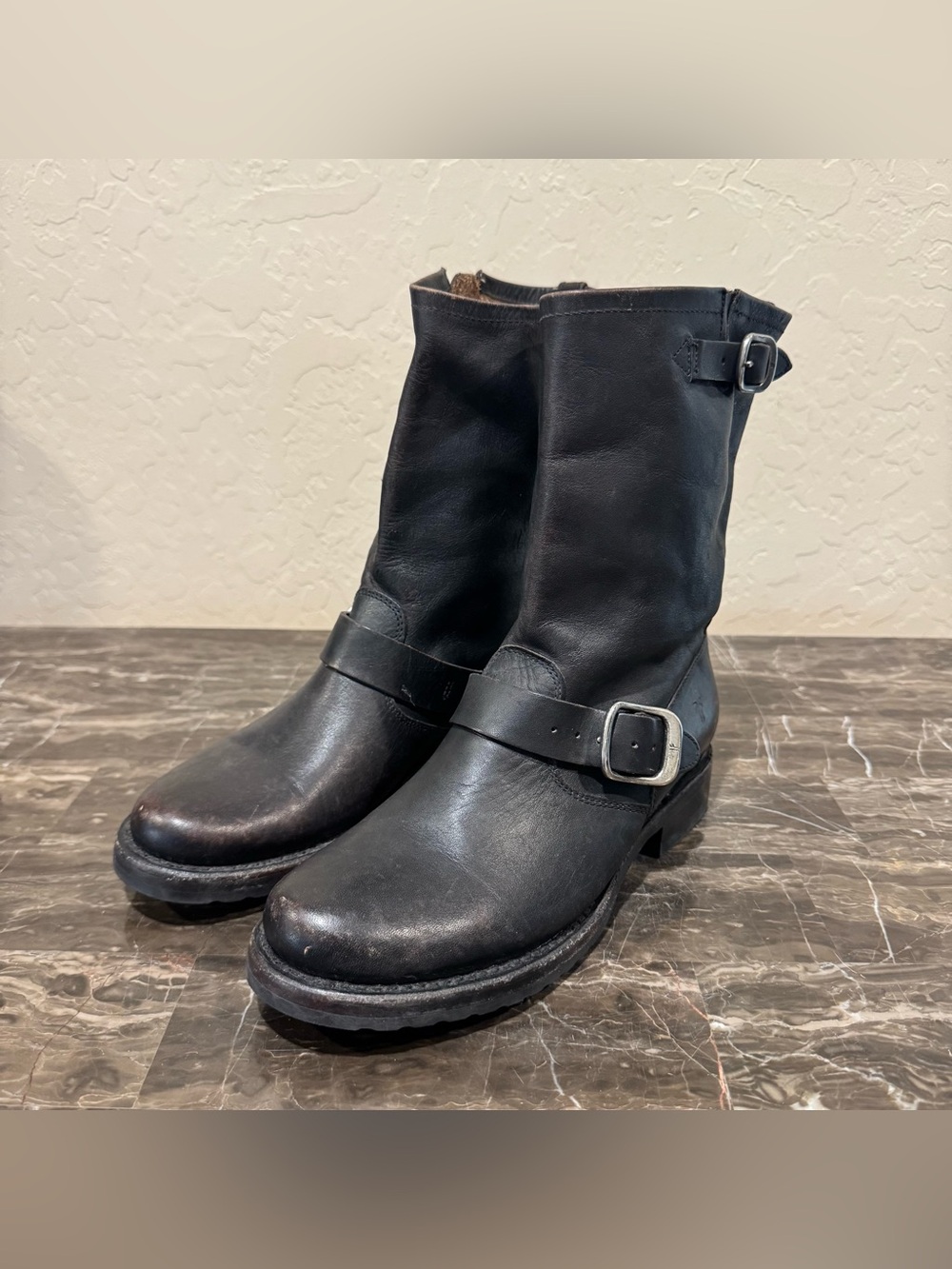 Frye Veronica Leather Buckled Engineer Moto Boots